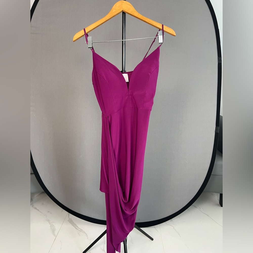 Magenta Evening Dress. Asymmetrical. V-Neck